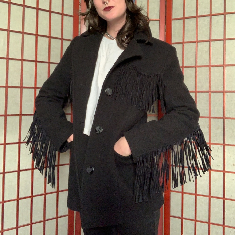 black wool western coat with fringe